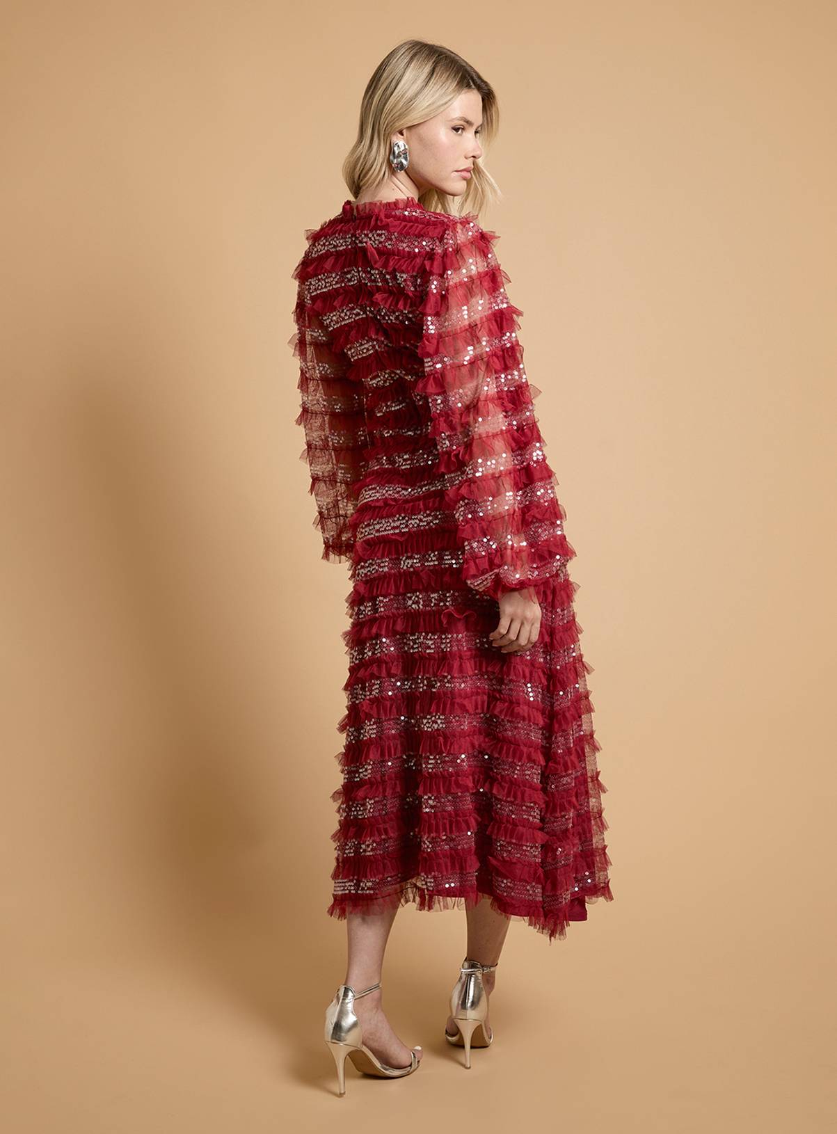 OASIS Long Sleeve Sequin Mesh Midaxi Dress Red 6 - Image 3